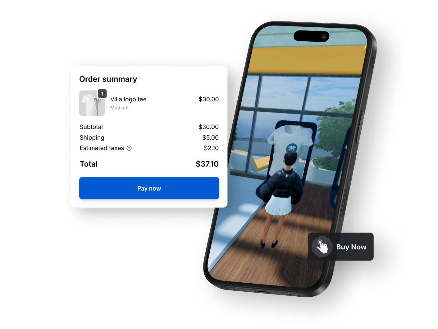 A checkout screen for a Villa branded t-shirt appears beside a video of an avatar checking out a digital mock up of the t-shirt in the world of Roblox.